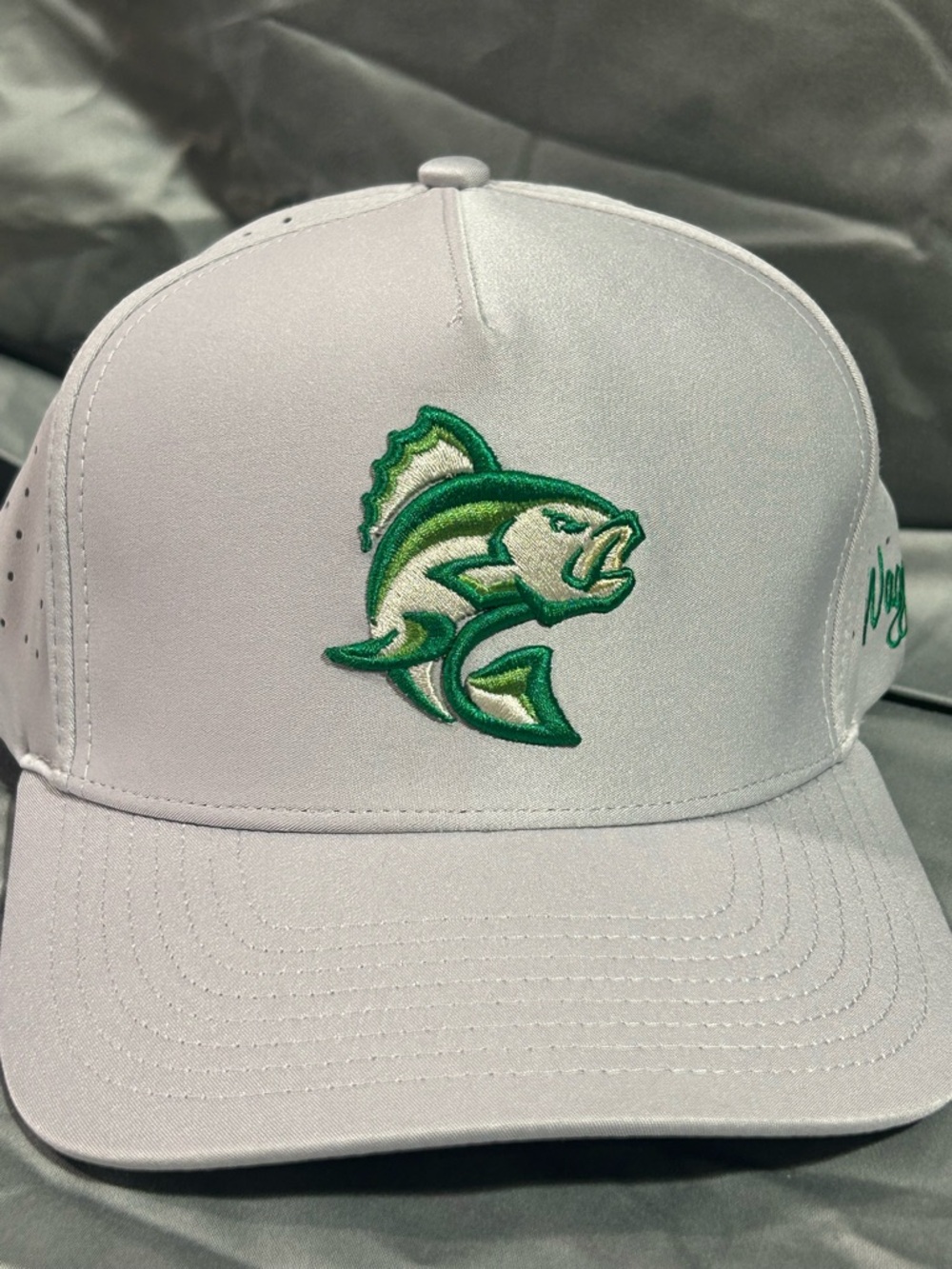 White Cap with Green Embroidered Fish Logo